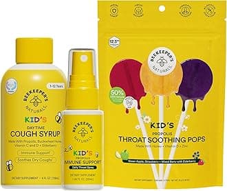 Beekeeper's Naturals Kid's Immune Support Essentials | Kid's Propolis Throat Spray - Propolis Honey Cough Syrup for Kids - Throat Soothing Lollipops | Natural Immune Support - Sore Throat Relief
