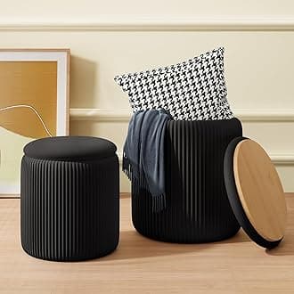 Black Velvet Ottoman with Storage Set of 2, Round Storage Ottoman Foot Rest, Black Makeup Vanity Chair, Small Vanity Stool with Storage, Pouf Ottomans for Living Room, Bedroom