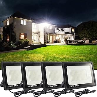 4Pack LED Flood Light Outdoor,250W LED Work Light 25500lmwith 6FT US Plug,IP66 Waterproof Exterior Security Lights,6000K Daylight White Outside Floodlights Slim Design for Playground Yard