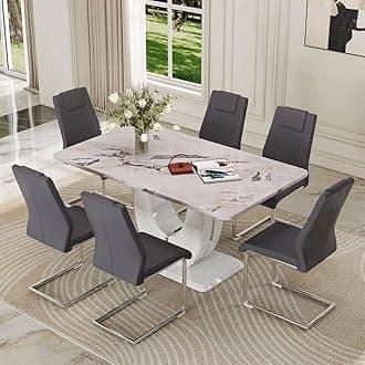 Dining Table Set for 6, Kitchen Table Chairs Set of 6, Modern Dining Room Set 63'' Faux Marble Dinner Table PU Leather Upholstered Chairs for Kitchen