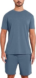 netdraw Men's Ultra Soft Bamboo Viscose Pajama Sets Lightweight Comfy Lounge Sleep Short Sleeve Pjs Sleepwear, Steel Blue, Large