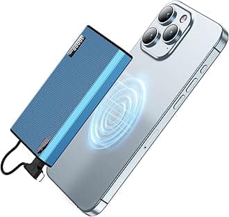 Magnetic Portable Charger with Built-in Cable, 10000mAh Ultra Slim Mag-Safe Battery Pack, 0.5.in 6.4oz Mini Power Bank, 20W PD USB-C Two-Way Charging, Compatible with iPhone 15/14/13/12 (Blue)