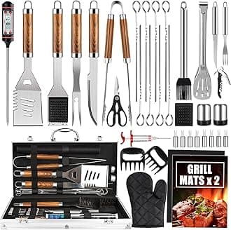 BBQ Grill Accessories Set, 38Pcs Stainless Steel Grill Tools Grilling Accessories with Aluminum Case, Thermometer, Grill Mats for Camping/Backyard Barbecue, Grill Utensils Set for Men Women