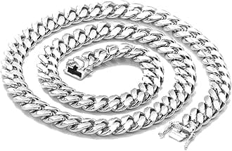 Dubai Collections White Gold Cuban Link Chain Necklace for Men Real 14MM 14K Karat Diamond Cut Heavy w Solid Thick Plated Clasp US Made