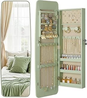 Nicetree Mirror Jewelry Cabinet, Rounded Jewelry Armoire Organizer, Wall or Door Mounted Jewelry Organizer with Storage, Lockable Wide Mirror with Jewelry Storage, Green