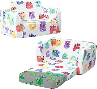 MeMoreCool Glowing Alphabet Monster Kids Chair - 2-in-1 Foldable Kids Couch with Light-Up Letters, Convertible Fold-Out Lounge Seat, Soft Foam Sofa with Washable Cover for Boys and Girls Ages 1-3