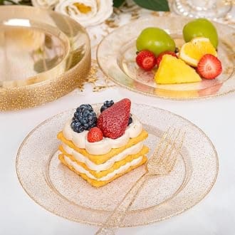 200 Pcs Gold Glitter Plastic Plates - Disposable Party Plates, Gold Glitter Disposable Plate Include 100 Dinner Plate and 100 Dessert Plate, Plastic Plate for Party, Holiday, Wedding & Birthday