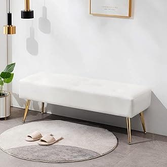 Furniliving Modern PU Leather Benches, Upholstered Tufted Leather Bedroom Ottoman 44" Ottoman Bench with X-Shaped Metal Legs for Makeup Room, Solid Bed Bench for Foyer, IvoryWhite