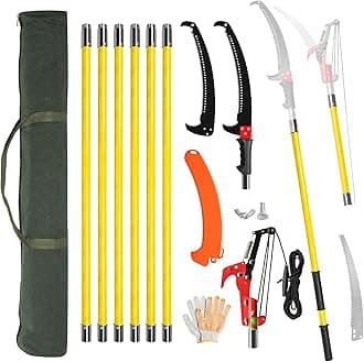 Outvita Manual Pole Saw, 26 Feet Extendable Tree Pruner with Knives and Storage Pocket, Sharp Steel Blade and Scissors High Branches Trimming for Pruning Palms and Shrubs（Yellow）