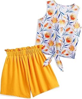 Arshiner Girl's 2 Piece Outfits Tie Knot Tank Top and Paperbag Waist Pocketed Summer Short Sets