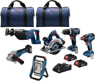 BOSCH GXL18V-601B25 18V 6-Tool Combo Kit with 2-In-1 Bit/Socket Impact Driver, Hammer Drill/Driver, Reciprocating Saw, Circular Saw, Angle Grinder, Floodlight and (2) CORE18V 4 Ah Compact Batteries