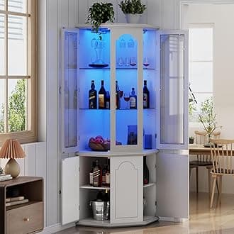 Corner Bar Cabinet w/LED Lights, Tall Modern Wine Cabinet with Tempered Glass Door & Adjustable Shelves, Home Bar Liquor Storage Cabinet with Glass Rack for Living Room, Dining Room (White)