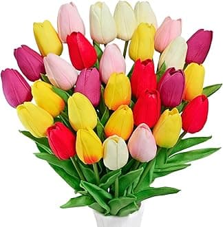 JIFTOK 30pcs Multicolor Fake Tulips Artificial Flowers for Decoration, Faux Flowers Silk Tulips Real Touch Flower Arrangement for Home Decor Indoor, Fake Flower Bulk for Thanksgiving Gift Vase Wedding