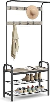 VASAGLE Coat Rack, Hall Tree with Shoe Bench for Entryway, Entryway Bench with Coat Rack, 4-in-1, with 9 Removable Hooks, a Hanging Rod, 13.3 x 33.1 x 72.1 Inches, Greige and Black UHSR400B02