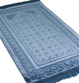 Modefa Velvet Prayer Rug - Soft Plush Turkish Janamaz Sajada Carpet for Men and Women - Plain Solid Prayer Mat Ramadan Eid Gift - with Prayer Beads - Luxury Floral Stamp (Steel Blue)