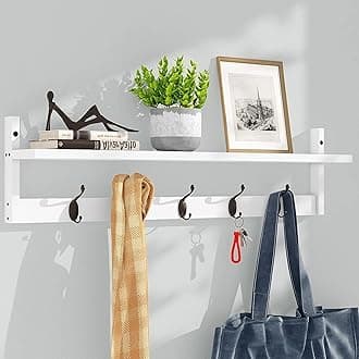 Wall Hooks with Shelf | Entryway Hanging Wood Coat Hooks | Wall-Mounted Rack with 5 Dual Hooks | Bathroom, Living Room, Bedroom (Modern).