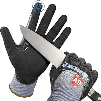 ANSI A9 Cut/Abrasion Resistant Gloves for Heavy Duty Work, 18 Gauge 3/4 Double Dipped Nitrile Coating for Construction, Gardening, Water & Oil Proof, Anti Slip, Touch Screen, PM3202, Black, S