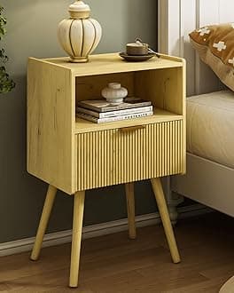 Nightstand,Modern Bedside Table with Storage Drawer and Open Wood Shelf, for Living Room, Bedroom and Small Spaces, Accent Night Stand with Solid Wood Legs, Easy Assembly,Vintage Yellow Oak