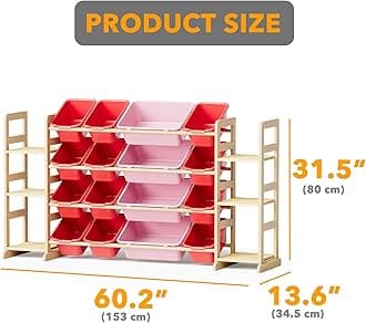 SpaceAid Toy Storage Organizer with 6 Shelves and 16 Bins, Toy Organizers Storage Bookshelf, Kids Bin Shelf Toys Box Bookcase for Bedroom Playroom Organization Room Decor, Red and Pink