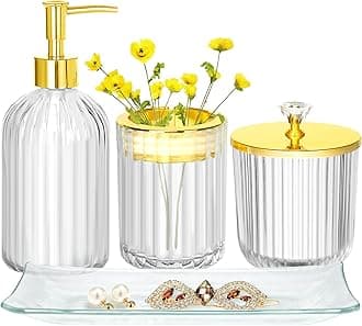 Bathroom Accessories Set, 4Pcs Clear and Gold Glass Bathroom Accessories Sets Complete w/Lotion Soap Dispenser, Toothbrush Holder, Apothecary Jar, Vanity Tray, Bathroom Decor