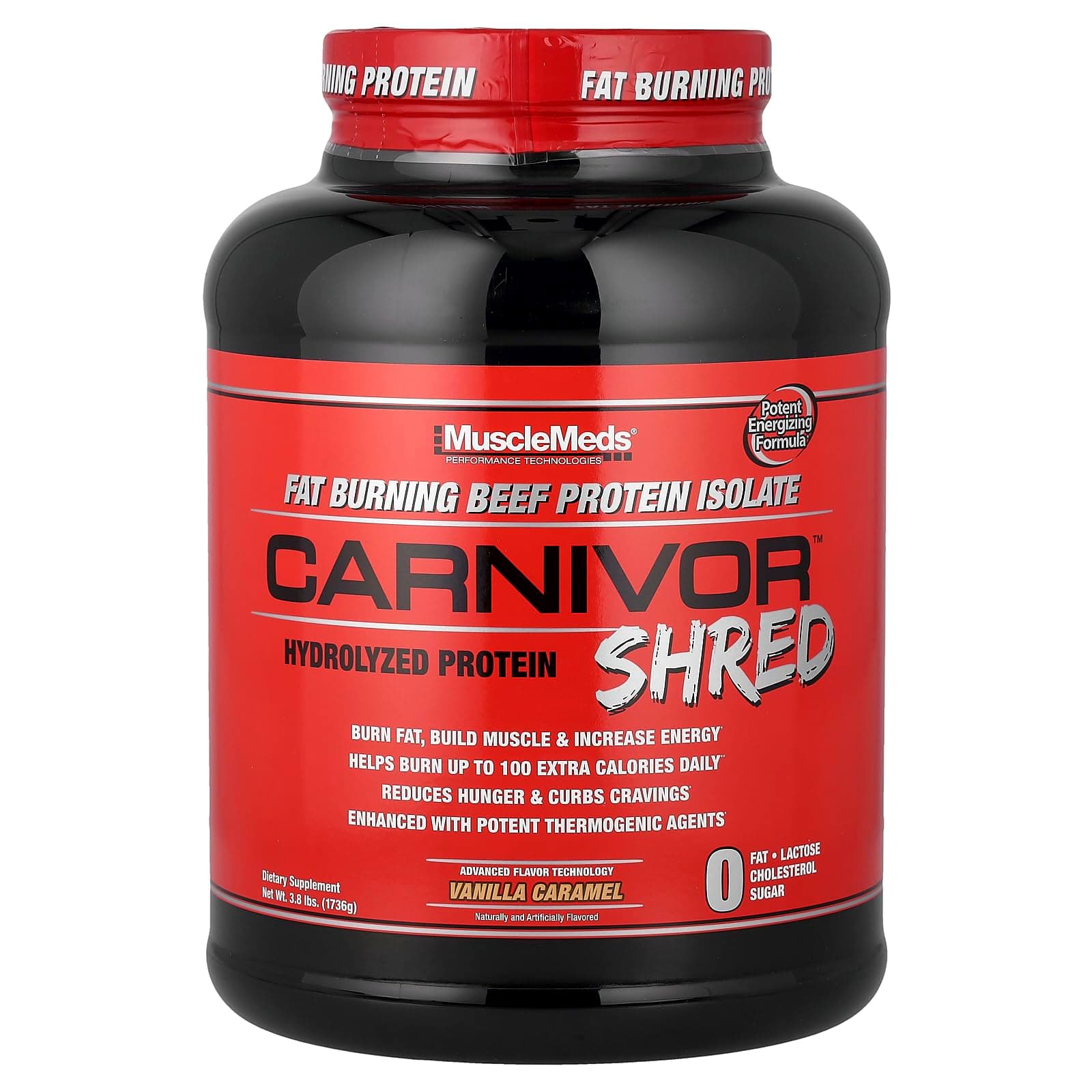 Carnivor Shred Fat Burning Hydrolized Beef Protein Isolate, 0 Lactose, 0 Sugar, 0 Fat, Halal Certified, Vanilla Caramel, 4 Pound, 56 Servings