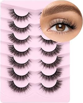 Lashes Natural Look Faux Mink Lashes Wispy Eyelashes Short Natural False Lashes Cat Eye 6D Volume Strip Lashes Pack 7 Pairs