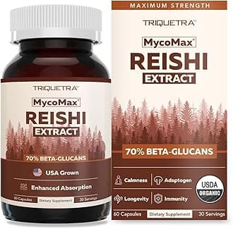 Organic Reishi Mushroom Capsules Extract - 70% Beta Glucans - Highest Active Nutrient Levels, Max Potency, US Grown + Ultrasonic Extraction - Energy, Immunity, Sleep and Stress - 60 Capsules