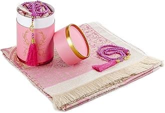 Muslim Prayer Rug and Prayer Beads with Elegant Cylinder Gift Box | Janamaz | Sajadah | Soft Islamic Prayer Rug | Islamic Gifts Set | Prayer Carpet Mat, Taffeta Fabric, Pink