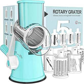 Cambom Rotary Cheese Grater Hand Crank Cheese Shredder for Fresh Cheese, Vegetable, Nuts,Non-slip Suction Base, Five Blades, Blue