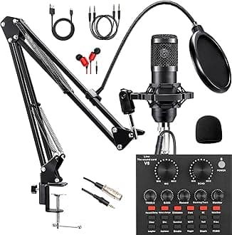 Podcast Equipment Bundle, with BM800 Podcast Microphone and V8 Sound Card, Voice Changer - Audio Interface -Perfect for Recording, Singing, Streaming and Gaming (V8-Black)