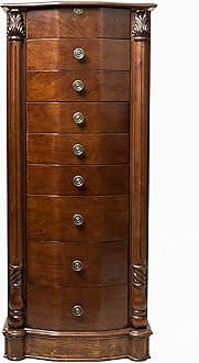 Alveare Home Louisa Standing Locking Jewelry Armoire – Wood Storage Cabinet with Mirror, 8 Drawers, Necklace Hooks, Ring Rolls & Cord Organizing Port – Safe & Elegant Organizer, Walnut