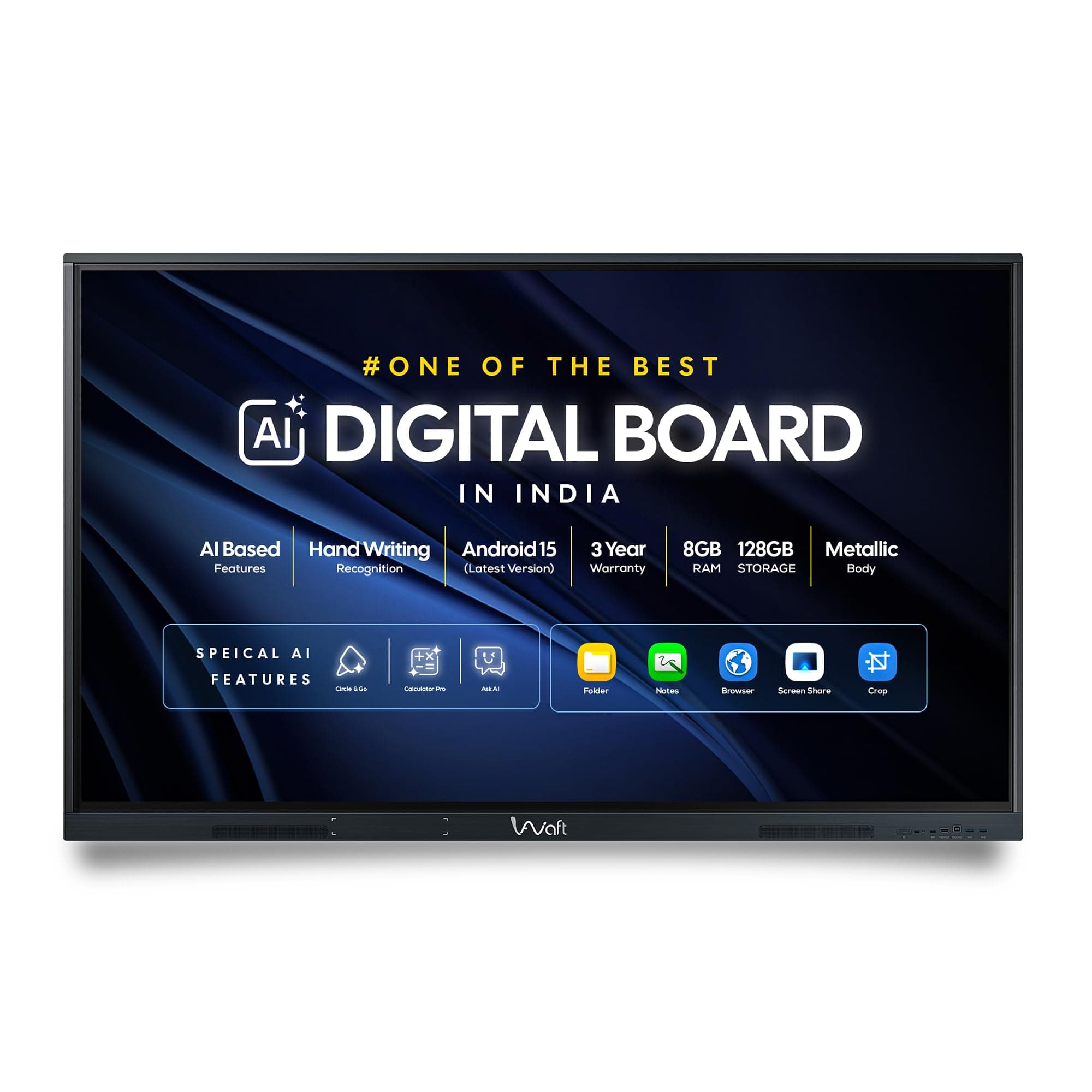 - AIWaft Turbo AI 65 Inch 4K UHD Interactive Flat Panel | Android 14 | 8GB RAM 128GB Storage | 40-Point Multi-Touch Smart Board | Digital Teaching Display for Classroom & Coaching | HDMI USB Speakers