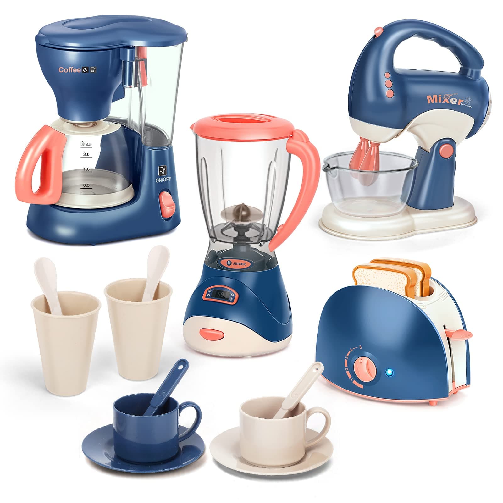 Pretend Play Kitchen Appliances Toy Set with Coffee Maker Machine,Blender, Mixer and Toaster with Realistic Light and Sounds for Kids Ages 4-8