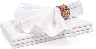 Ramanta Home Cloth Dinner Napkins in Cotton Flax Fabric with Hemstitched Detailing & Tailored Mitered Corners - 20x20 Inches (Set of 4, White)