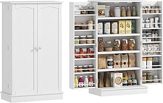 41" Kitchen Pantry Storage Cabinet, Freestanding Kitchen Cabinet with 12 Door Shelves, Double Doors, 5-Tier Shelving and Adjustable Shelves, White