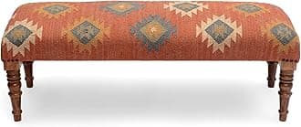 Acacia Wood Kilim Jute Fabric Upholstered Bench | Multi-Purpose Wooden Ottoman with Wool KD Jute for Living Room, Bedroom, End of Bed, Hallway & Entryway (Red, 16x47x17 Inch)