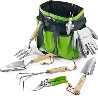 WORKPRO 8-Piece Garden Tools Set, Stainless Steel Hand Gardening Tools with Wooden Handle, Including Gloves, Trowel, Weeder, Hand fork, Hand Rake, Transplanter, Pruner and Garden Bag