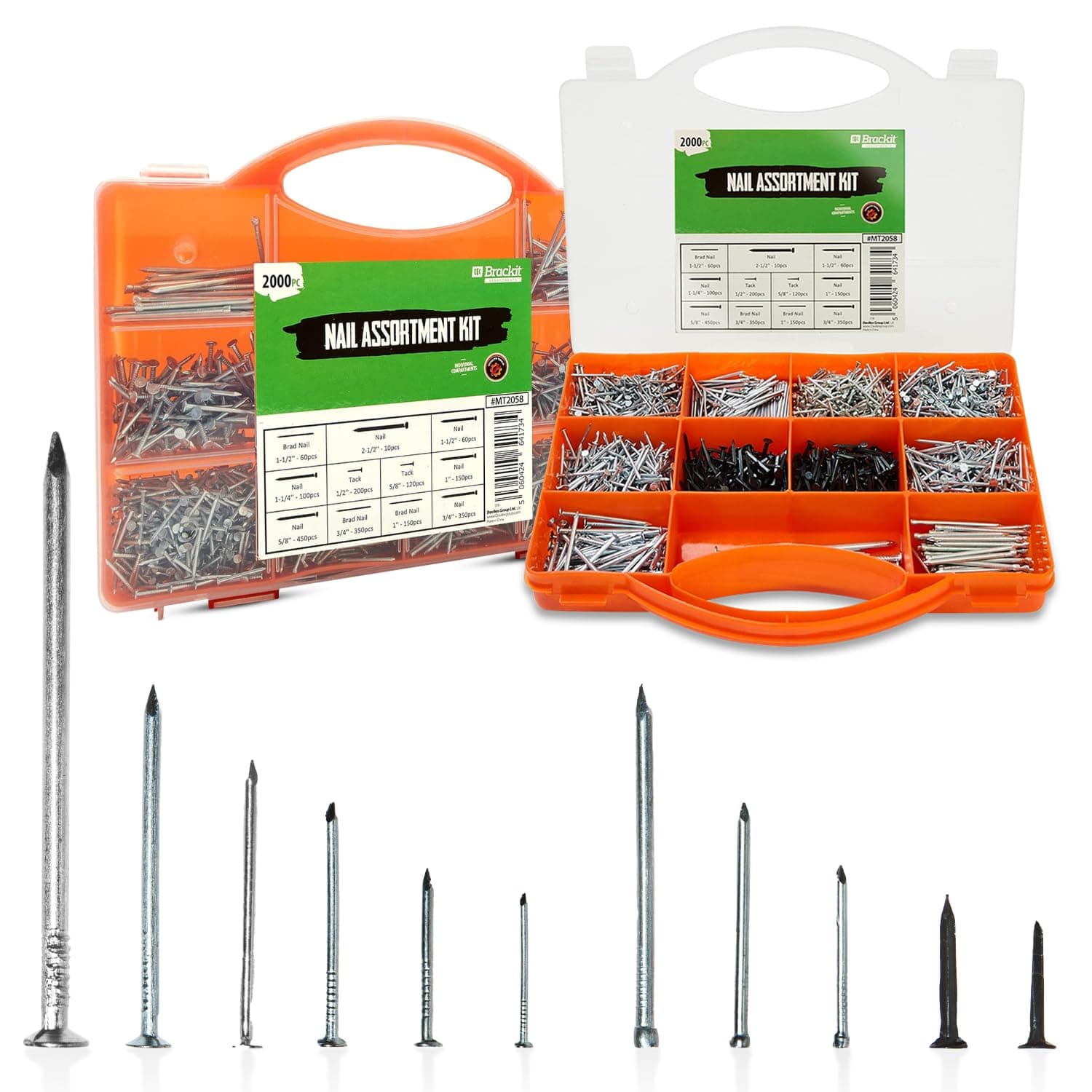 Brackit 2,000 Piece Nail Assortment Set with Storage Case – Including Wire Nails, Brad Nails & Tacks - For DIY, Craft, Masonry, Woodwork, Décor