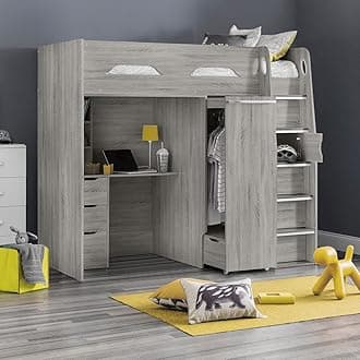 happybeds High Sleeper Storage Bed, Pegasus Wood Modern Desk Wardrobe Drawers Cupboards Loft Bunk (3FT - Memory Foam Mattress, Grey Oak)