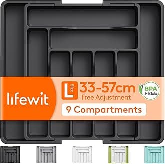 Extendable Cutlery Drawer Organiser, Adjustable Cutlery Tray, Utensil Holder for Forks, Spoons, Knives, Plastic Kitchen Organiser and Storage, 9 Compartment, 33-57 x 38cm, Black