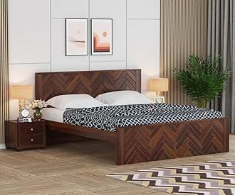GF Furniture Solid Wood King Size Bed with Herringbone Headboard and Footboard | 82 x 76 x 42 Inches | Elegant Wooden Platform Bed Frame Without Storage | Natural Brown Finish