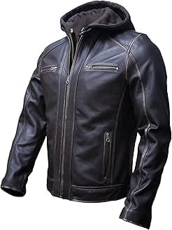 Artistry Mens Genuine Lambskin Leather Motorcycle Jacket with Removable Hood in Black Brown