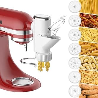 Gourmet Pasta Press Attachment for KitchenAid Stand Mixers, Pasta Press Maker for KitchenAid with 7 Interchangeable Pasta Plates (Spaghetti Bucatini Rigatoni Fusilli Large/Small Macaroni Cookies）
