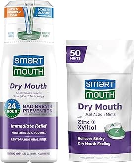 SmartMouth Package with Dry Mouth Activated Mouthwash - 16 Fl Oz, Soothing Mint & Dry Mouth Dual-Action Mints - 50 Count, Mellow Mint