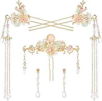 5PCS Orchid Flower Tassels Hairpin, Crystal Rhinestone Pearl Hair Clips Headpiece Retro Chinese Hanfu Floral Wedding Brides Hair Accessories Jewelry for Women Girls Updo Long Hair