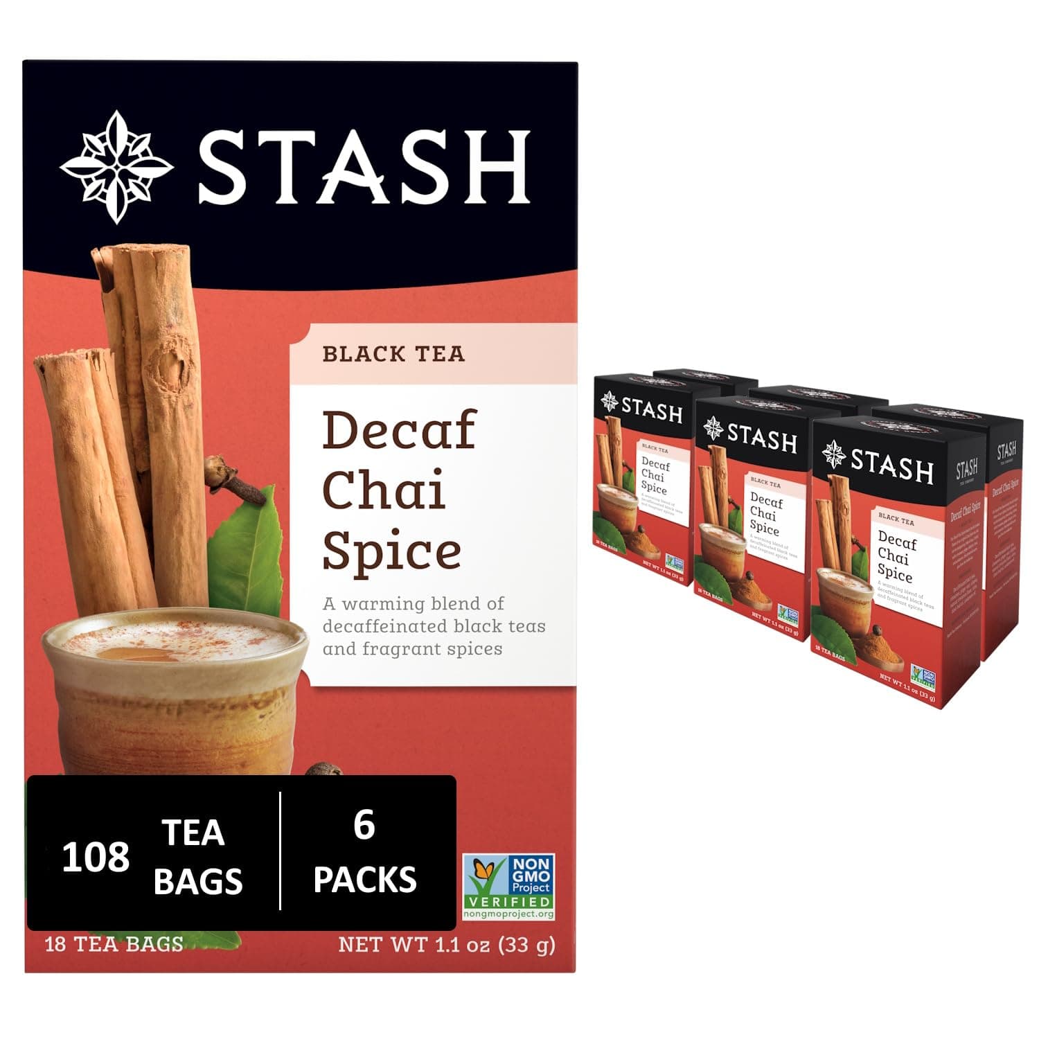 Tea Decaf Chai Spice Black Tea - Decaf, Non-GMO Project Verified Premium Tea with No Artificial Ingredients, 18 Count (Pack of 6) - 108 Bags Total
