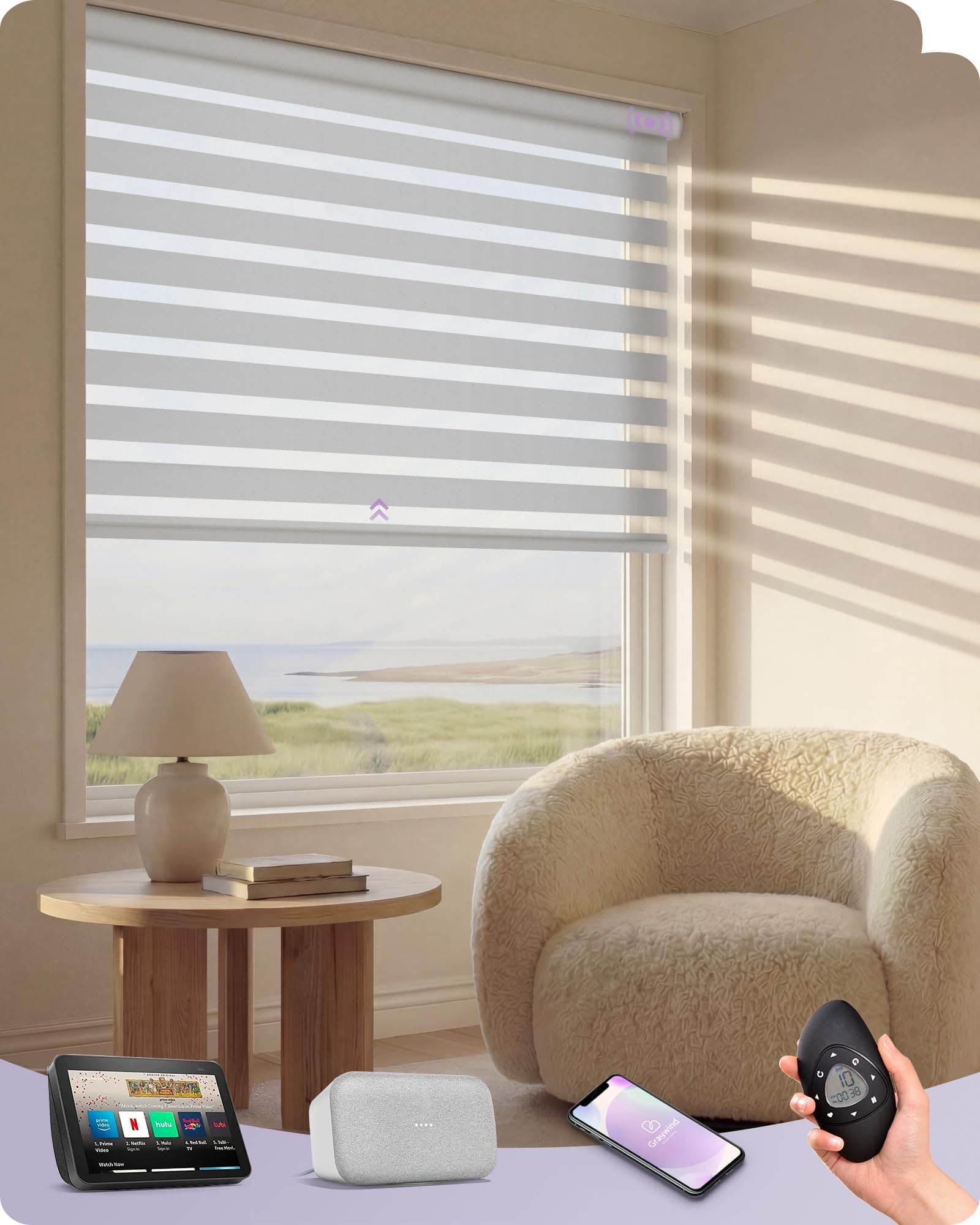 Graywind Motorized Blinds with Remote, Smart Zebra Shades for Windows, Roller Blinds Compatible with Apple Homekit, Alexa, Google Home, Custom Size, Classic - White
