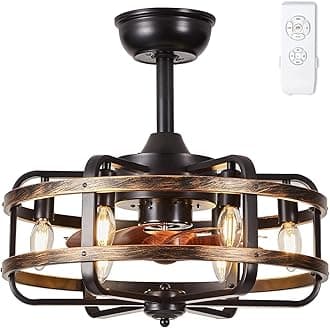 Caged Ceiling Fans with Lights, 3 Speed Reversible Farmhouse Industrial Ceiling Fan Light and Remote Control, Flush Mount Rustic Fandelier Ceiling Fan for Bedroom Dining Room Kitchen E14*6