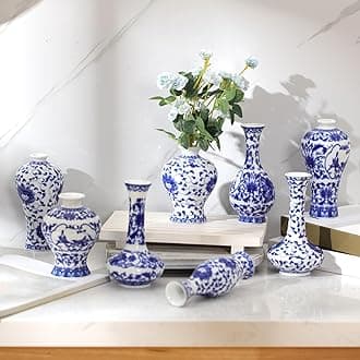Dandat 8 Pcs Chinoiserie Bud Vases Ceramic Small Blue and White Floral Chinese Porcelain Vase Set for Shelf Table Centerpieces Home Decor(Rustic)