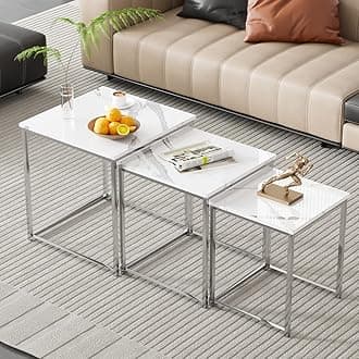 Set of 3 Nesting Coffee Tables for Living Room, White Marble Nest of 3 Nested Tables Sofa Side Table Coffee Table End Tables Space Saving